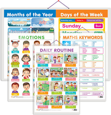GO WOO Pack of 4 MATHS KEYWORDS, MONTHS OF THE YEAR,EMOTIONS&DAILY ROUTINE Charts(Black)
