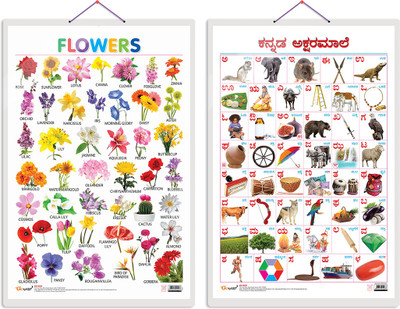 GO WOO Pack of 2 Flowers and Kannada Alphabet Educational charts(White)