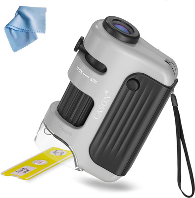 CASON Proffessional Pocket Microscope 60X-120X with 5 Prepared Slides,LED Lighted Mini(Grey)