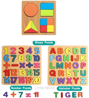Little Mind Creative Wooden Alphabet Number & Shape Boards-for Early Learning (Pack Of 3)(Multicolor)