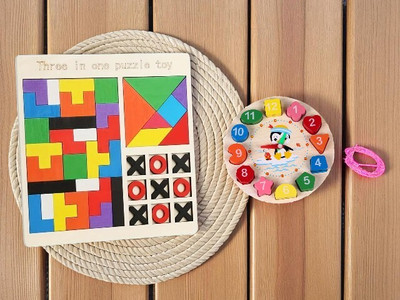 VHD Wooden 3 in 1 Puzzle Board & Number Shape Clock Toy Combo for Kids C57(Multicolor)