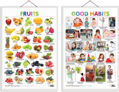 GO WOO Pack of 2 Fruits and Good Habits Educational charts with Lamination(White)