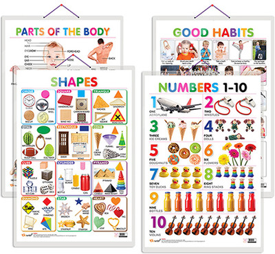 GO WOO Pack of 4 Shapes, Parts of the Body, Good Habits and Numbers 1-10 Charts(Maroon)