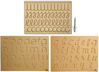 REWASHREE CRAFT WORLD Wooden Tracing Board with Pencil Slates Small & Small Cursive,Multi Pattern(Brown)