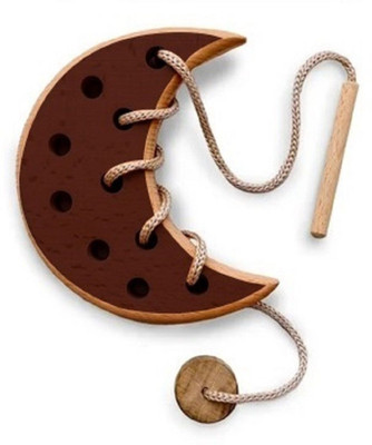 XSOURCE Wooden Sewing Kit for Kids, Lacing Toy for Todllers (Moon Shape)(Brown)