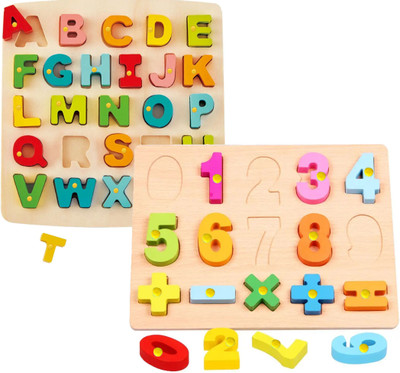 SHALAFI Combo English Capital Alphabets&Number 0-9 Wooden Puzzle with Mathematical Signs(Beige, Multicolor)