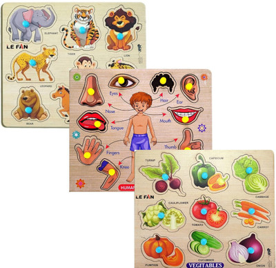 RPC99 Wooden Learning Educational Game Board for Kids(Animals & B0DY PRT & VEGTBE)(Multicolor)