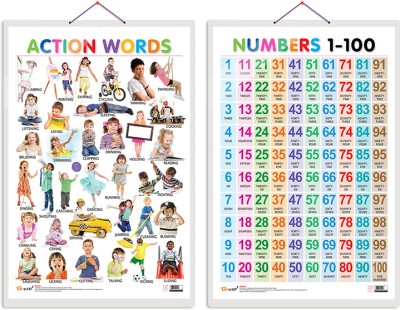 GO WOO Pack of 2 Action Words and Numbers 1-100 Educational charts(Blue)