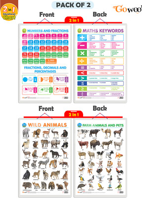 GO WOO Packof2|2IN1NUMBER&FRACTIONS&MATHS KEYWORDS&WILD&FARMANIMALS&PETSCharts(Yellow)