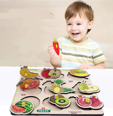 SHALAFI Fruits Wooden Puzzle Educational Board Puzzle Baby brain tester learning Toy(Brown, Multicolor)