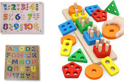 POPSEE English Alphabet A to Z, Number Learning Board & Wooden Shape Sorter Blocks(Multicolor)