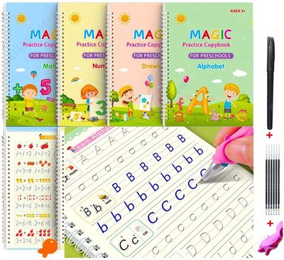 Megical Adventures™ Sank Magic Practice Copybook, (4 BOOK + 10 REFILL+ 1 Pen +1 Grip) Number Tracing Book for Preschoolers with Pen, Magic Calligraphy Copybook Set Practical Reusable Writing Tool Simple Hand Lettering(Paperback, Kids Teacher Expert Team)