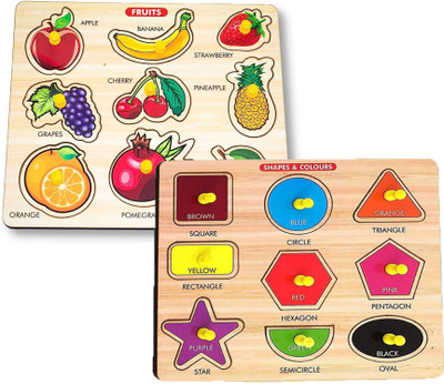 CASADOMANI Pack Of 2 Fruits Names Board+Wooden Shapes and Colors Matching Sorting Puzzle(Multicolor)