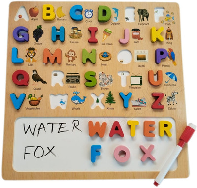 Laaliya 3D Wooden Capital 26 Pcs Alphabet Puzzle with White Drawing Surface ABCD Board(Beige)