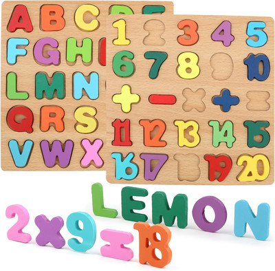 Authfort Toddler Wooden Numbers Puzzle Game& ABC Capital Letters and 123 Numbers Learning Board toys combo pack of 2(Multicolor)