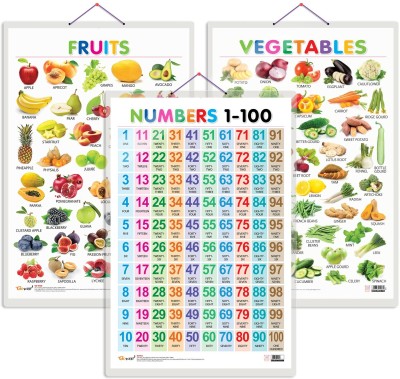 GO WOO Pack of 3 Fruits, Vegetables and Numbers 1-100 Educational charts(Purple)