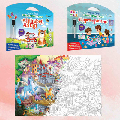 GO WOO Alphabet Safari, Shapes & Patterns mats, and Giant Unicorn Colouring Poster(Multicolor)