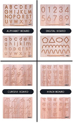 Virth Combo Of 4 Boards Of Alphabets And Number, Cursive And Hindi Alpha For Kids(Brown)