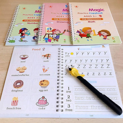 Magic Practice Copybook Number Tracing Book For Preschoolers With Pen, Magic Calligraphy Copybook Set Practical Reusable Writing Tool Simple Hand Lettering (4 Books + 10 Refill)(Spiral, China)