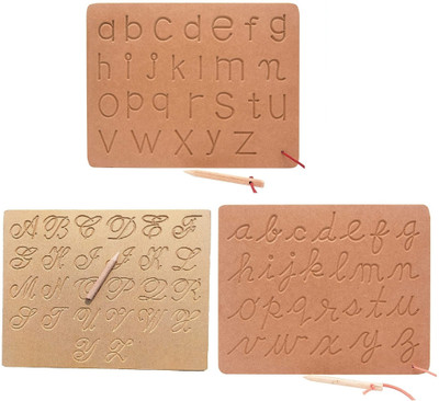 REWASHREE CRAFT WORLD Wooden Tracing Board with Dummy Pencil Cursive Capital Small, abc (Set of 3)(Brown)