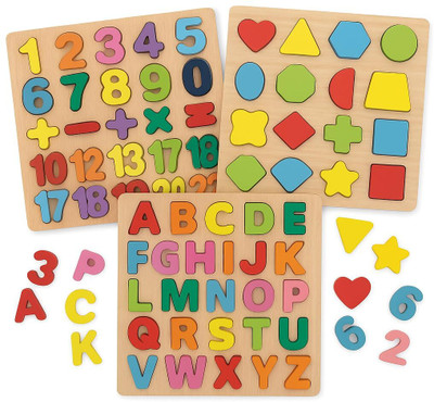VHD Wooden Educational Puzzle Set – Alphabets, Numbers & Shapes for Kids H36(3 Pieces)