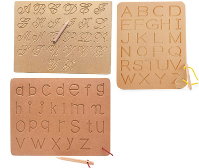 REWASHREE CRAFT WORLD Wooden Tracing Board with Dummy Pencil Capital Cursive and Small AB (Pack of 3)(Brown)