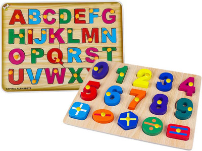 SHALAFI Combo Wooden Learning Educational Board Alphabets, 0to9 Numbers Counting Puzzle(Beige, Multicolor)
