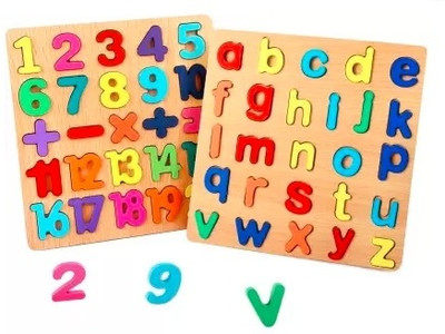 CrazyBuy Wooden Small Alphabet & Numbers 2 Sets Puzzle Board Wooden Blocks for Kids(Multicolor)