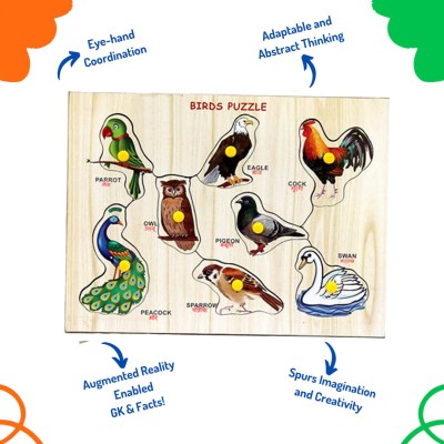 SHALAFI Wooden Birds with Picture Educational Board Birds Names Matching Peg Puzzles(Multicolor)