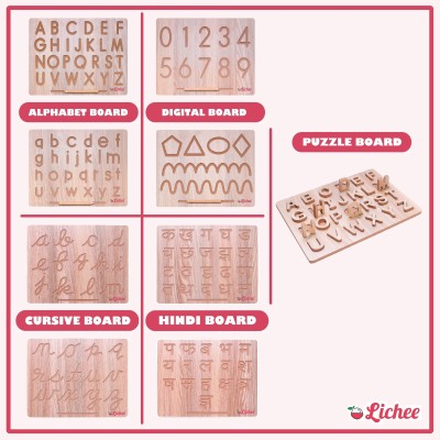 LICHEE Wooden Capital&Small, Cursive, Hindi Alphabet,Numeric&Patten,Puzzle Board Toys(Beige)