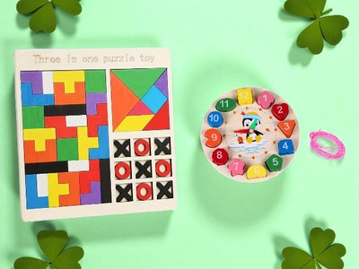 VHD Wooden 3 in 1 Puzzle Board & Number Shape Clock Toy Combo for Kids C54(Multicolor)