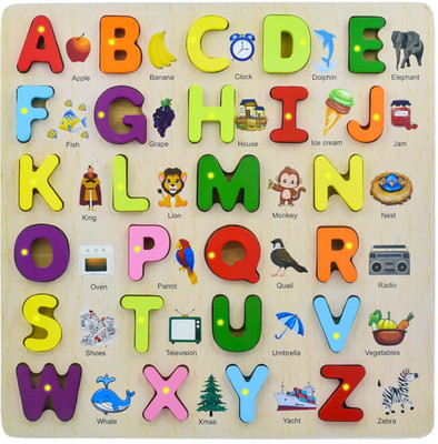 Plus Shine 3d wooden capital alphabets puzzles with pictures learning letters board toy(Beige, Multicolor)