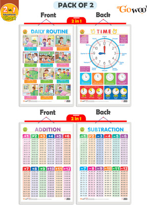 GO WOO Pack of 2 | 2 IN 1 DAILY ROUTINE AND TIME and 2 IN 1 ADDITION&SUBTRACTIONCharts(White)