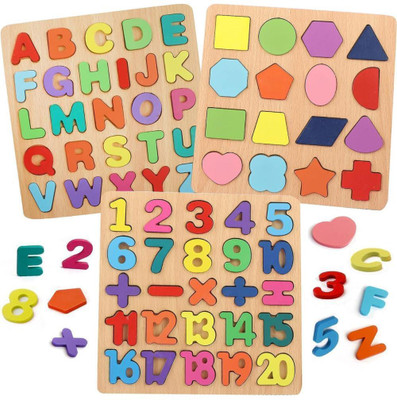 PVSC Wooden Puzzles for Toddlers,Alphabet Numbers Shapes 3 Sets Puzzle Board(Multicolor)