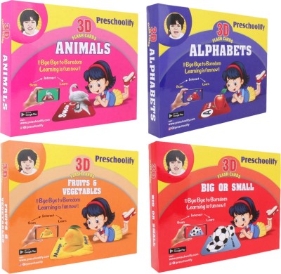 Preschoolify (Pack of 4) Animals and Alphabets 3D Flash Cards for Kids (1 - 6 yrs)(Multicolor)