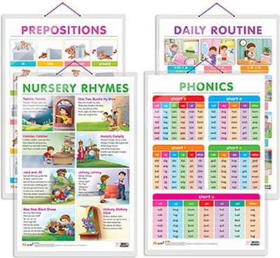 GO WOO Pack of 4 DAILY ROUTINE, NURSERY RHYMES, PREPOSITIONS and PHONICS - 1 Charts(Purple)