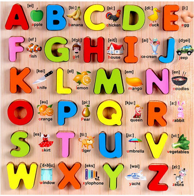 Quasar FUN LEARNING WOODEN ABCD PUZZLE TOY FOR KIDS TO MAKE LEARNIGN FUN AND HELPS IN BRAIN DEVELOPING (26 Pieces)Wooden Learning A-B-C-D... Toy Wooden Alphabet Letters (A-Z) English Vocabulary Building Set Early Educational Toys Kids(Multicolor)