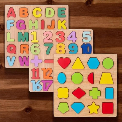 VHD Wooden Educational Puzzle Set – Alphabets, Numbers & Shapes for Kids H26(3 Pieces)