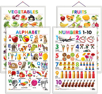 GO WOO Pack of 4 Alphabet, Fruits, Vegetables and Numbers 1-10 charts(Purple)