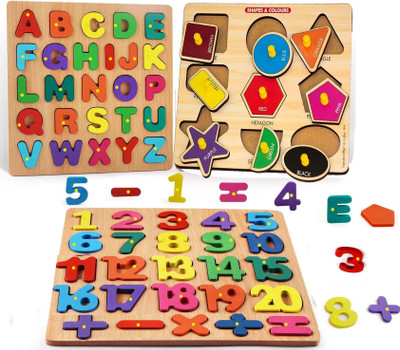 SHALAFI 3Piecs Capital Alphabets and Numbers Puzzle Geomatric Shapes & 20 Counting Toys(Multicolor)