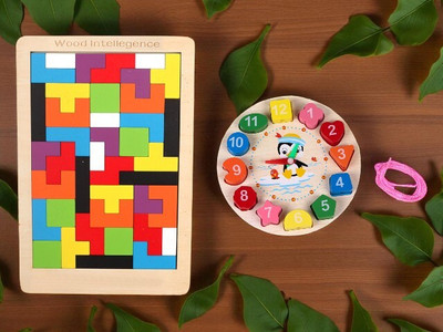 VHD Kids Wooden Puzzle Board & Shape Clock – Brain Development Toys D62(Multicolor)