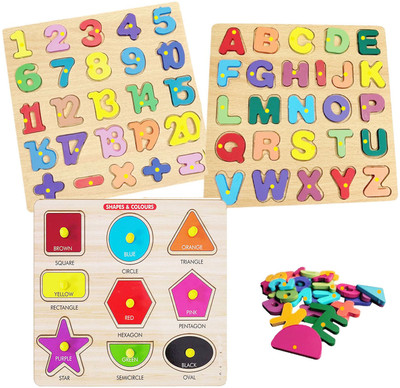 SHALAFI 3Pcs Wooden 1to20 Counting,Alphabets and Geomatric Shapes Matching Toys Puzzles(Multicolor)