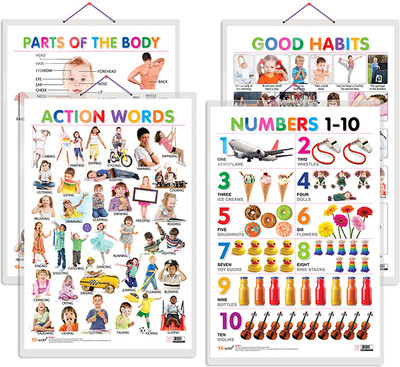 GO WOO Pack of 4 Parts of the Body, Good Habits, Action Words and Numbers 1-10 Charts(Pink)