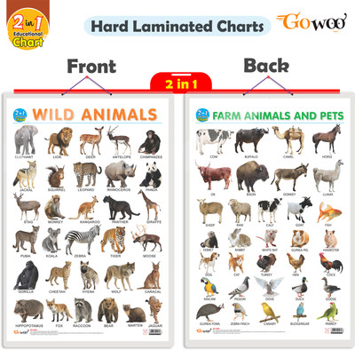 GO WOO 2 IN 1 WILD ANIMALS AND FARM ANIMALS & PETS Educational chart with Lamination(Brown)