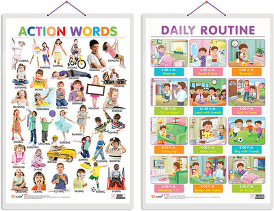 GO WOO Pack of 2 Action Words and DAILY ROUTINE Educational charts(Pink)