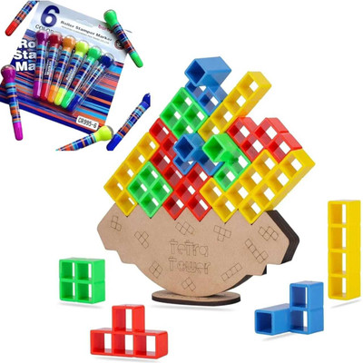 Premio Coppex 16-Piece Stack Tower Game – Balance Building Blocks+FREE Roller Marker(Multicolor)
