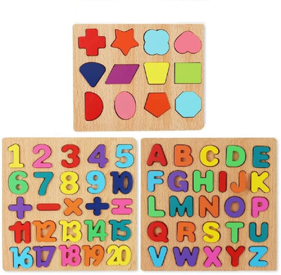 Rainbowstore Learn,and Play: Wooden Puzzle Board Set-Alphabet, Numbers, and Shapes(Pack of 3)(Multicolor)