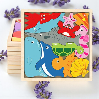 VHD Sea Animal Wooden Jigsaw Puzzle for Kids – Educational Toy Q14(Multicolor)