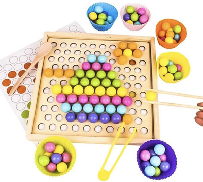 Little Mind 2 in 1 Wooden Board Clip Beads Matching Game Puzzles Shape Color Sort Toys(Multicolor)