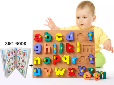 SHALAFI Lower Case Small ABCD English Alphabet Puzzle Blocks Learning Toys+3in1 Book(Beige, Multicolor)